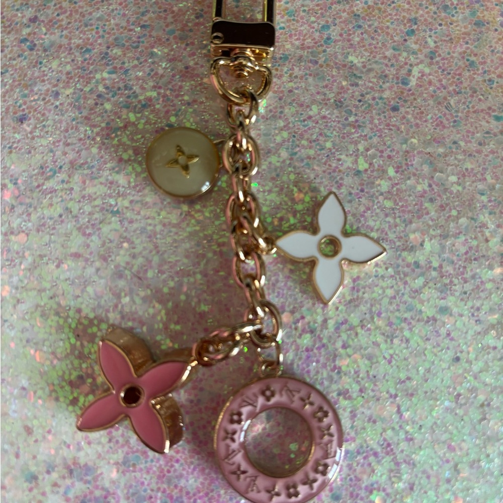 Upcycled LV Pink and White Flower Charm Keychain or bag charm
